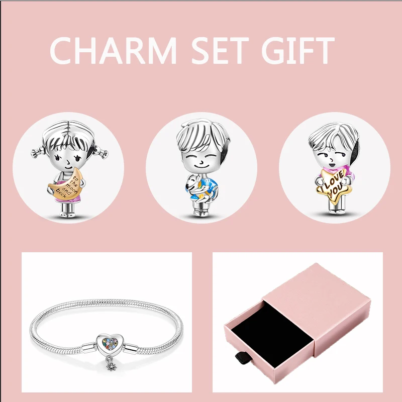 Original 5Pcs/Lot Sier Boy Girl Charm Set Heart ddmysmile Bracelet With Pink Box For Best Friend Friendship Jewelry Anniversary Gift Smile