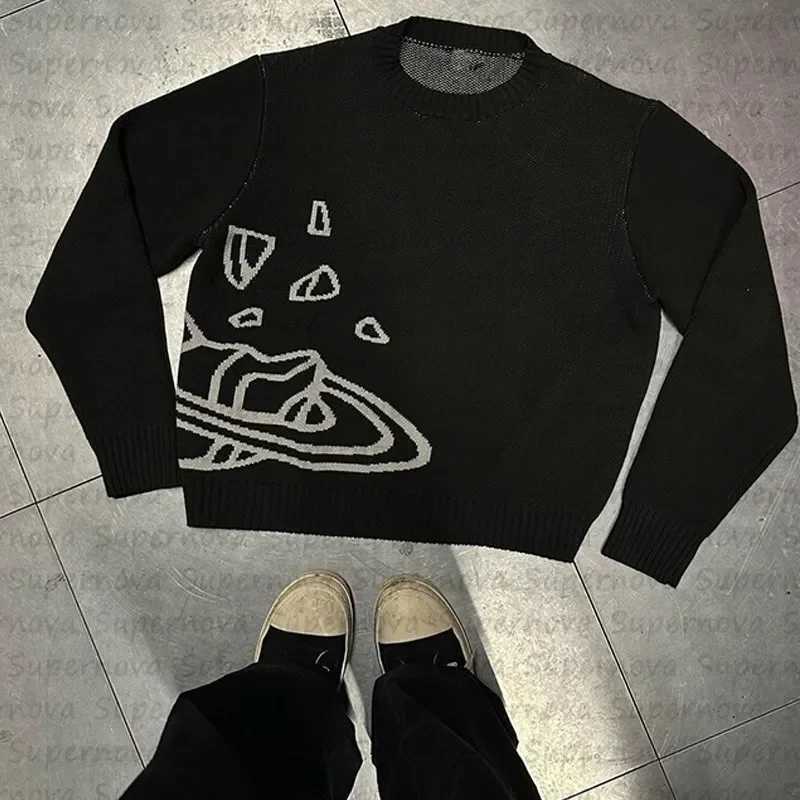 New Arrival Y2K Womens Hot Black Top Mens Loose Foldable Top Sweater Planet Space Star Knitted Parachute Teen Z241111
