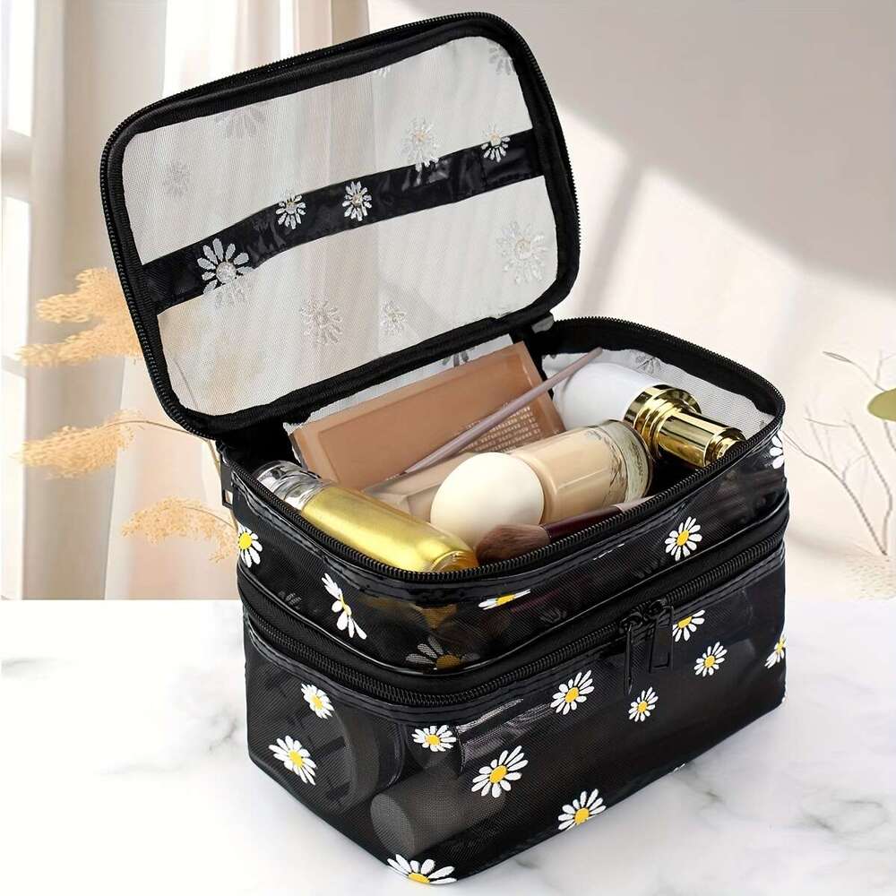 Daisy Mesh Cosmetic Large Capacity Convenient Travel Wash Double Layer Make Up Supplies Storage Makeup Bag