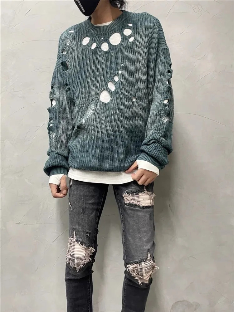 Autumn Vintage N Loose Fit Hole Sweater Mens Casual Long Sleeve Oneck Knit Tops High Street Fashion Pullover Knitwear Male 241111 B4