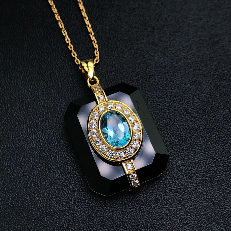 CSJ New Natural Blue Topaz Pendants Sterling 925 Silver Blacke Agate Necklace for Women Birthday Party Sparking Jewelry Gift