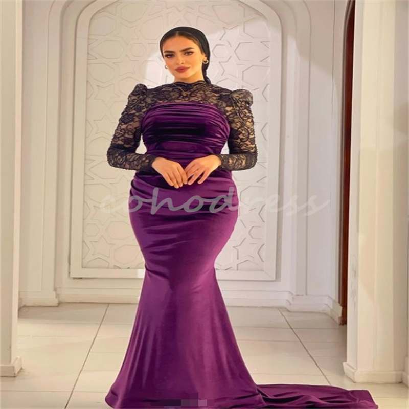 Black And Purple Mermaid Evening Dress Saudi Arabic Plus Size Lace Prom Dress Elegant Long Sleeve Birthday Occasion Formla Party Gowns Vestio De Viest
