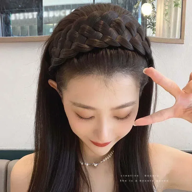 Women Fishbone Braid Hair Hoops Korean 4.5cm Width Headbands Artificial Handmade Wig Head Hoop Headwear Accessories