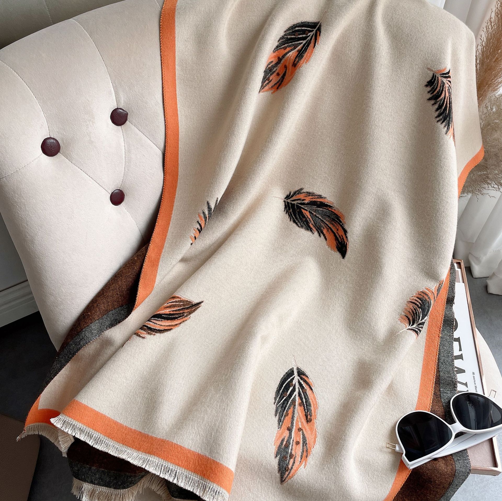 Women's Autumn Winter Imitation Cashmere Tassels Thickened and Extended Warm Shawl Jacquard Decoration Scarf