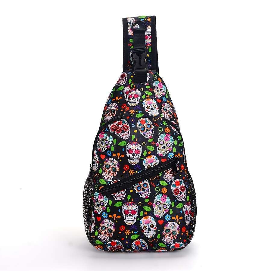 Fashion Skull Printed Chest Crossbody Large Capacity Shoulder Bag, Hiking Running Cycg Travel Messenger Bag .
