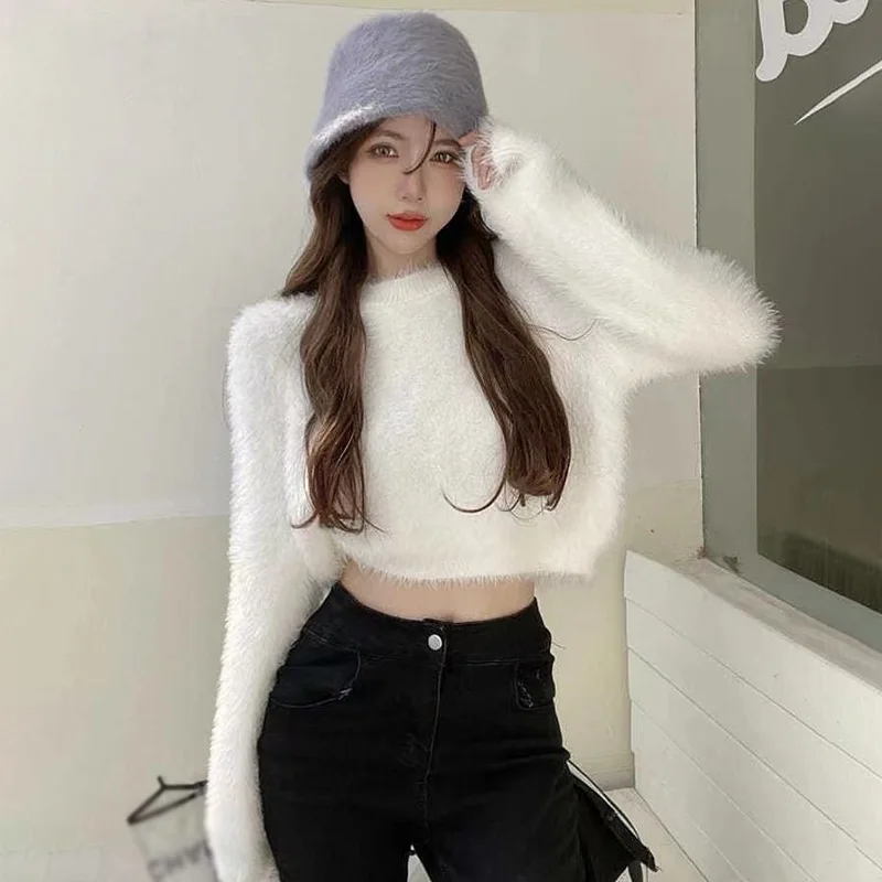 y2k Sweater For Women Sweet Faux new Mink Hairy Pullover O Neck Long Sleeve Loose Short Sweater Lady Casual Soft 2025 Warm Jumper