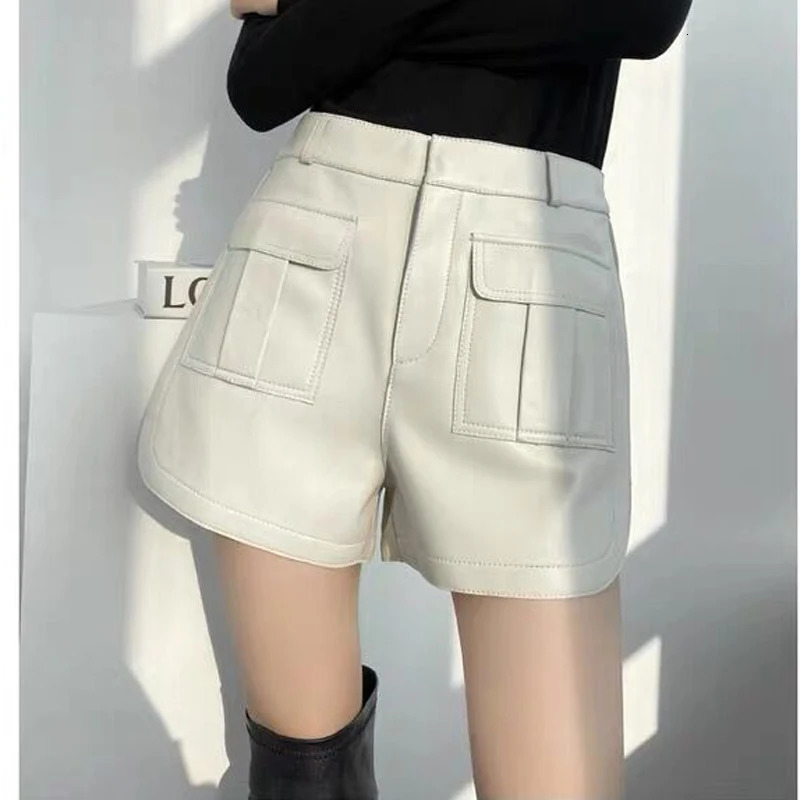 Women's Genuine Leather Wide Leg Shorts: Casual & Sexy Pure White Summer Boots Mini Pants