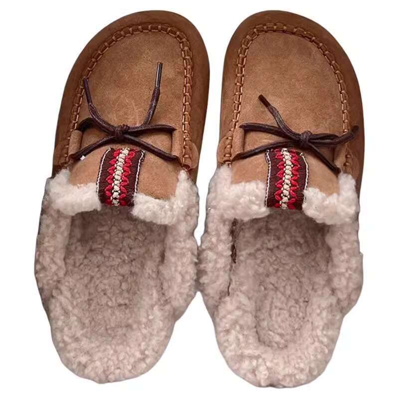 Thick Soled Snow Boots, Women's Fur Integrated With Ethnic Style, Baotou Slippers, Tassel Tied Lazy Shoes, Half Heeled Shoes