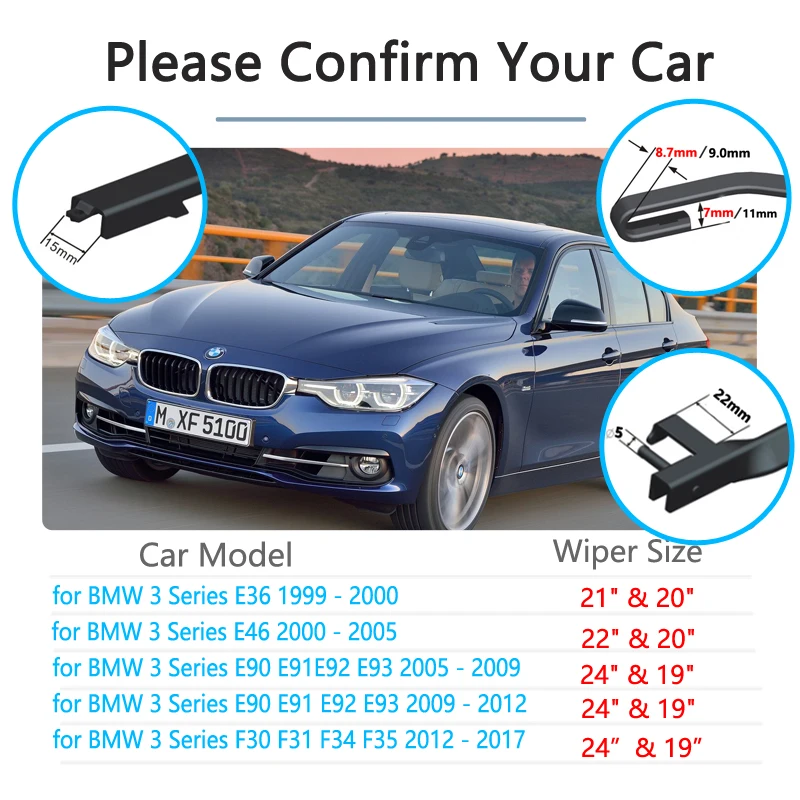 For BMW 3 Series E36 E46 E90 E91 E92 E93 F30 F31 F34 1999~2017 Front Wiper Blades Car Accessories Stickers Cleaning Windshield