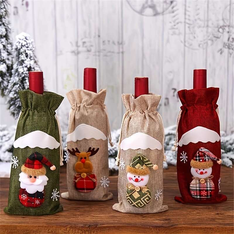 Christmas 4pcs Red Wine Bottle Santa Claus Christmas Decoration Set for Holiday Hotel Candy Gift .