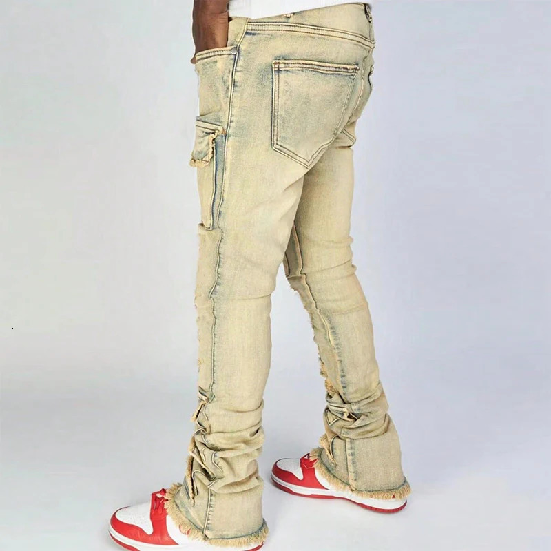 Y2K Mens Jeans Streetwear Spring Fall Vintage Ripped Patchwork Pockets Cargo Jean Men Stylish Slim Fit Pleated Solid Denim Pants 241111