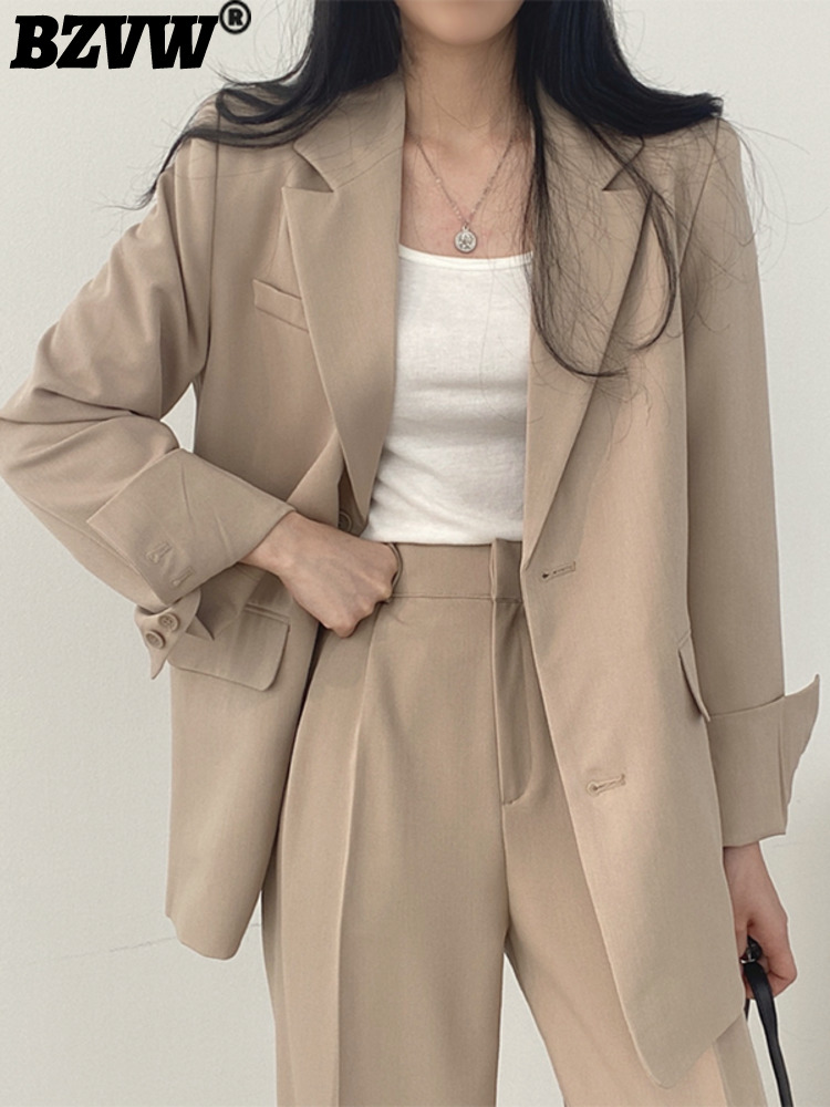 BZVW Korean Chic Designer Blazer Set For Women High Waist Loose Wide Leg Suit Pants Two Piece Female Clothes 2023 New 25X01858