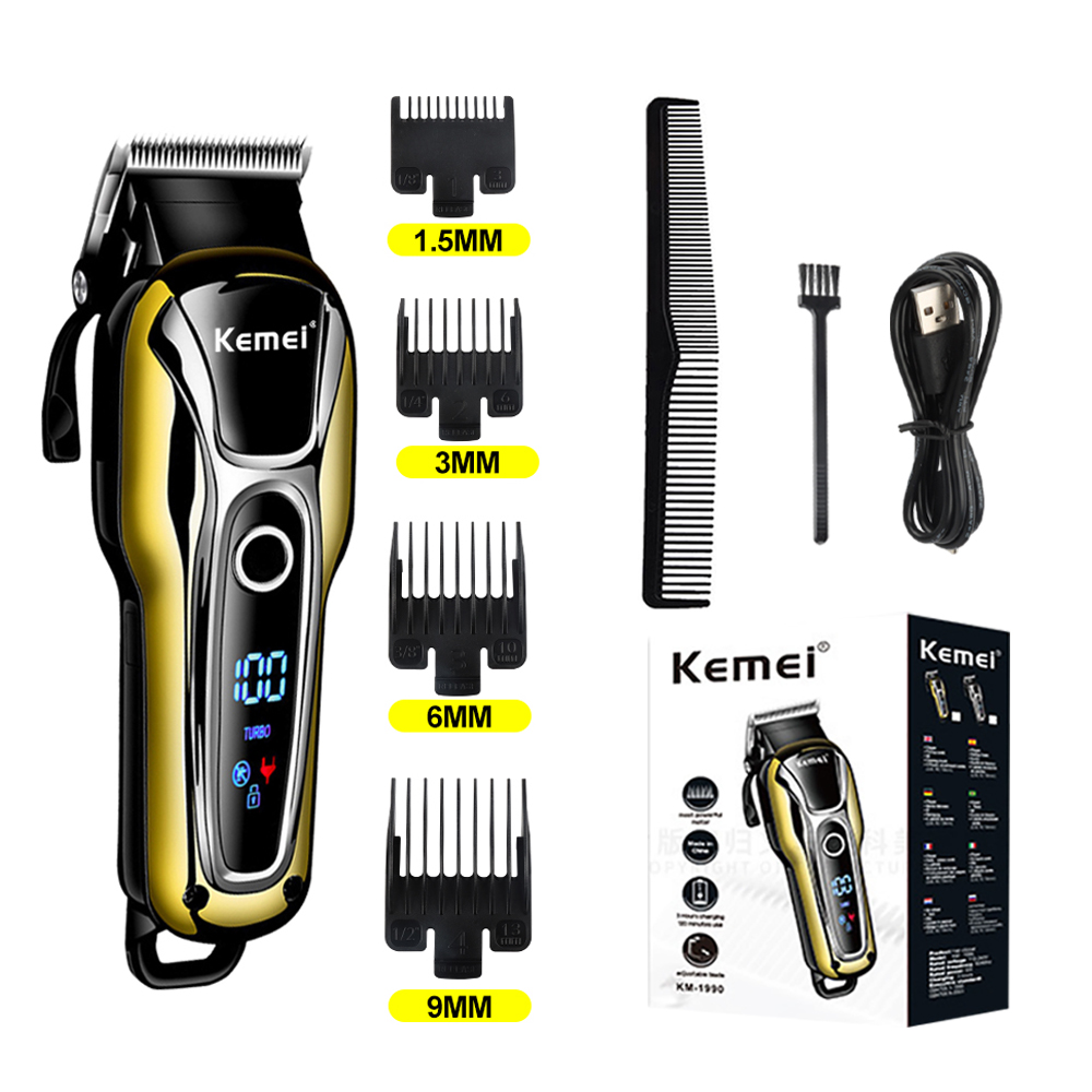 Kemei KM-1990 Hair Clipper Rechargeable Electric Hair Trimmer Professional Men's Hair Cutting Machine With LED Display