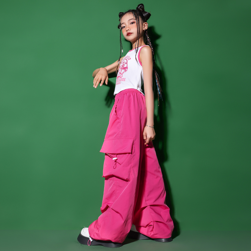 Girls Hip Hop Rose Pink Cargo Pants Teenage Crop Tops Vest Street Dance Joggers Children Streetwear Kids Jazz Clothes Sets