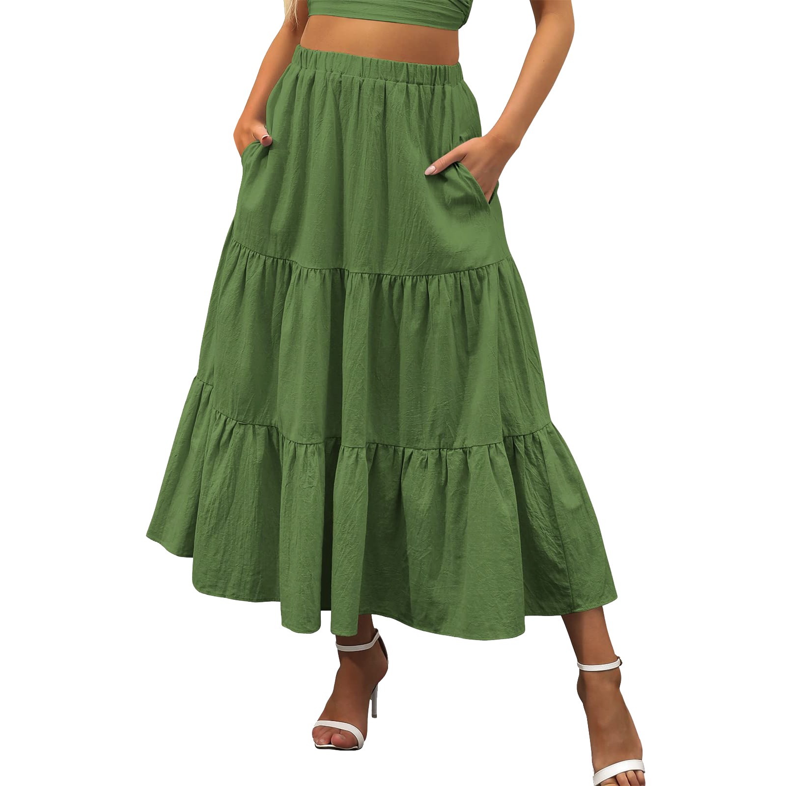 Summer Boho Long Skirts Women Elastic Waist A Line Flowy Swing Tiered Maxi Skirts Beach Ruffle A-Line Skirt With Pockets Faldas