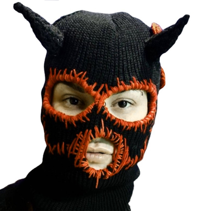 Devil Horns Beanie Knit Hats Halloween Warm Winter Caps Sewed Mouth Scars Design Ski Mask Headwear for Adults Teens