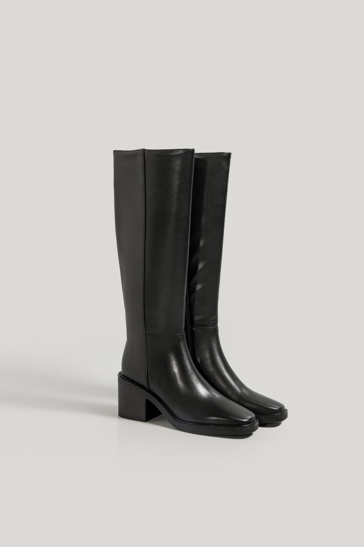 Leather Tall Women Thick Heels Knee High Boots Autumn Winter Warm Ladies Long Shoes Black Elegant Designer
