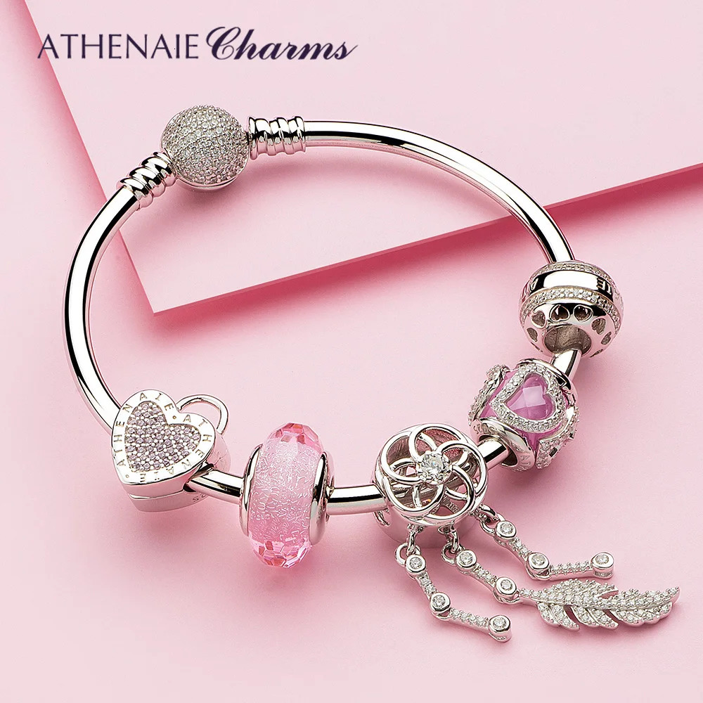 Athena 925 sterling silver charm Pave pink CZ locks your commitment clip beads suitable for European bracelets and necklaces jewelry 241108