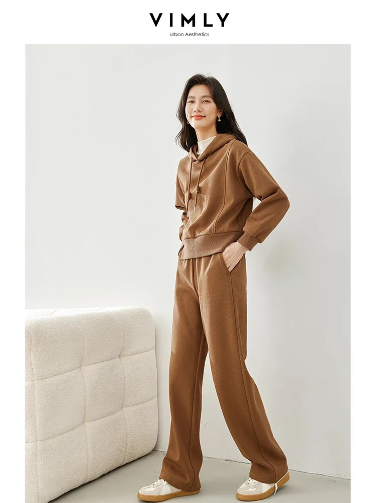 Vimly Fleece Tracksuit Womens Coffee Sports Two Piece Pants Hooded Sweatshirt Wide Leg Sweatpants Matching Set M3736 241111