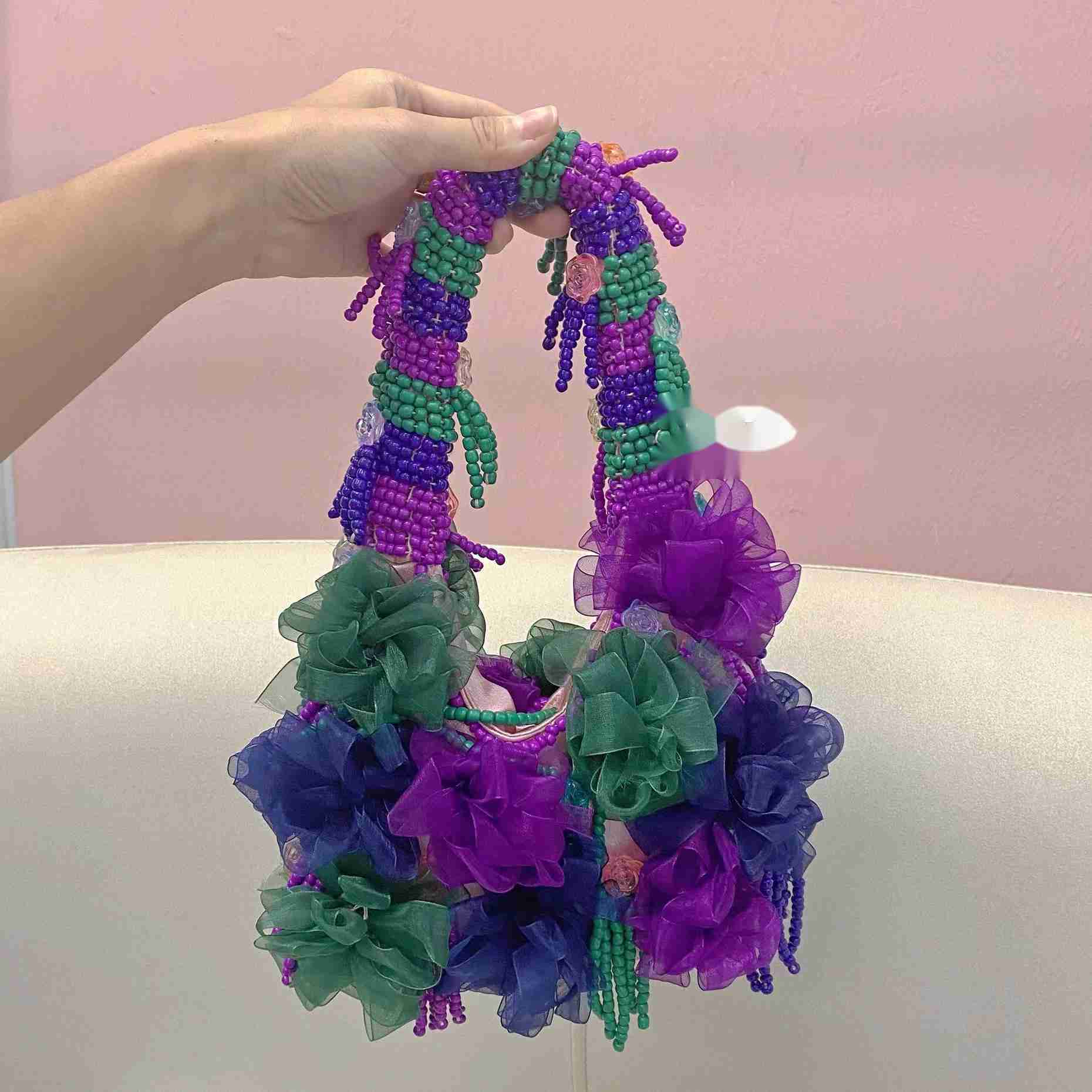 Purple fashion flower bead art niche design ethnic style leisure tourism single shoulder armpit bag 241115