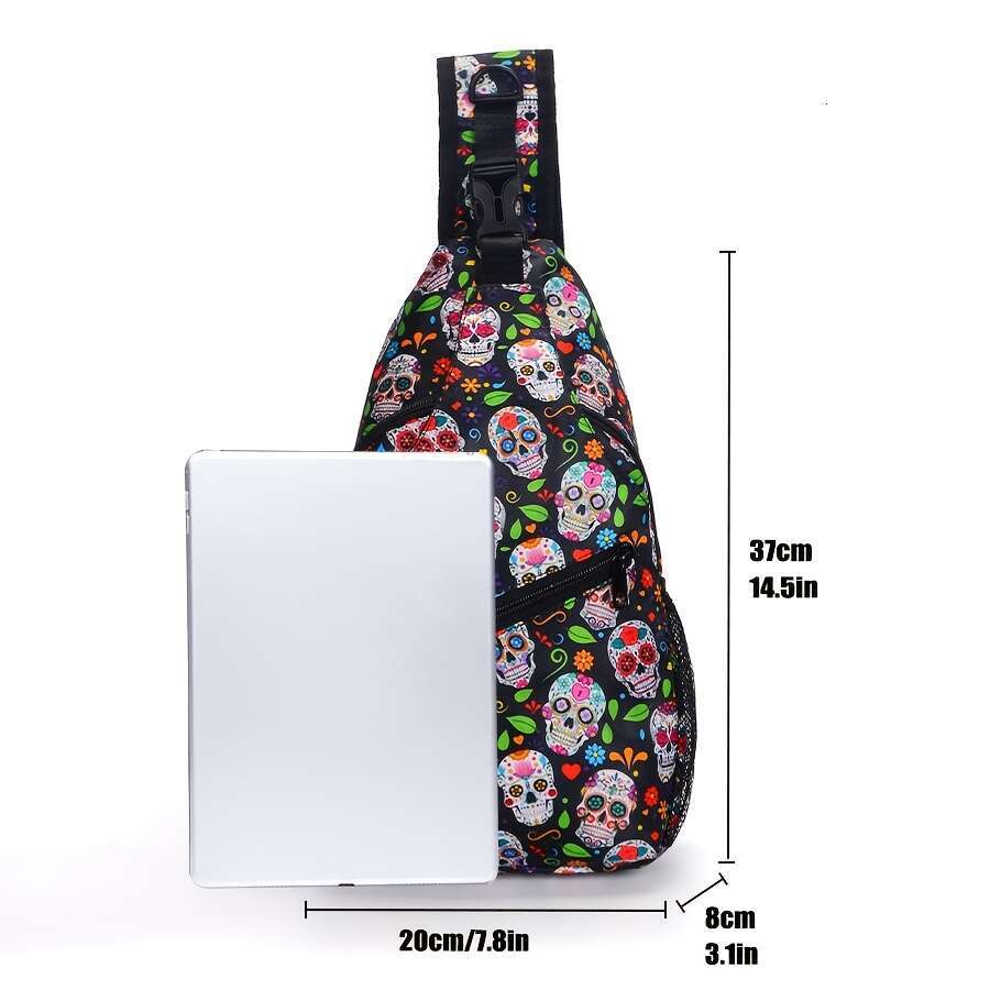 Fashion Skull Printed Chest Crossbody Large Capacity Shoulder Bag, Hiking Running Cycg Travel Messenger Bag .