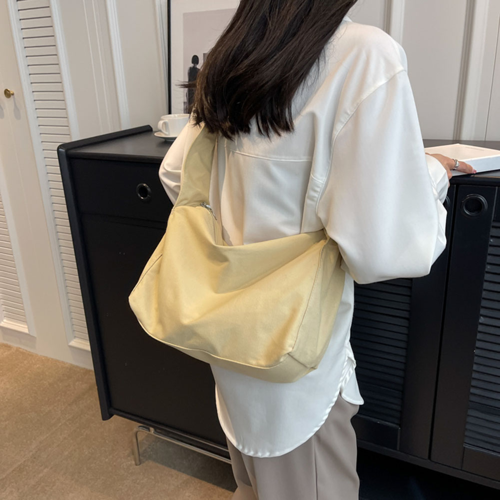 Korean Style Women's Pleated Shoulder Bags Simple Drawstring Canvas Tote Solid Color Portable Leisure Handbag Large Capacity Bag