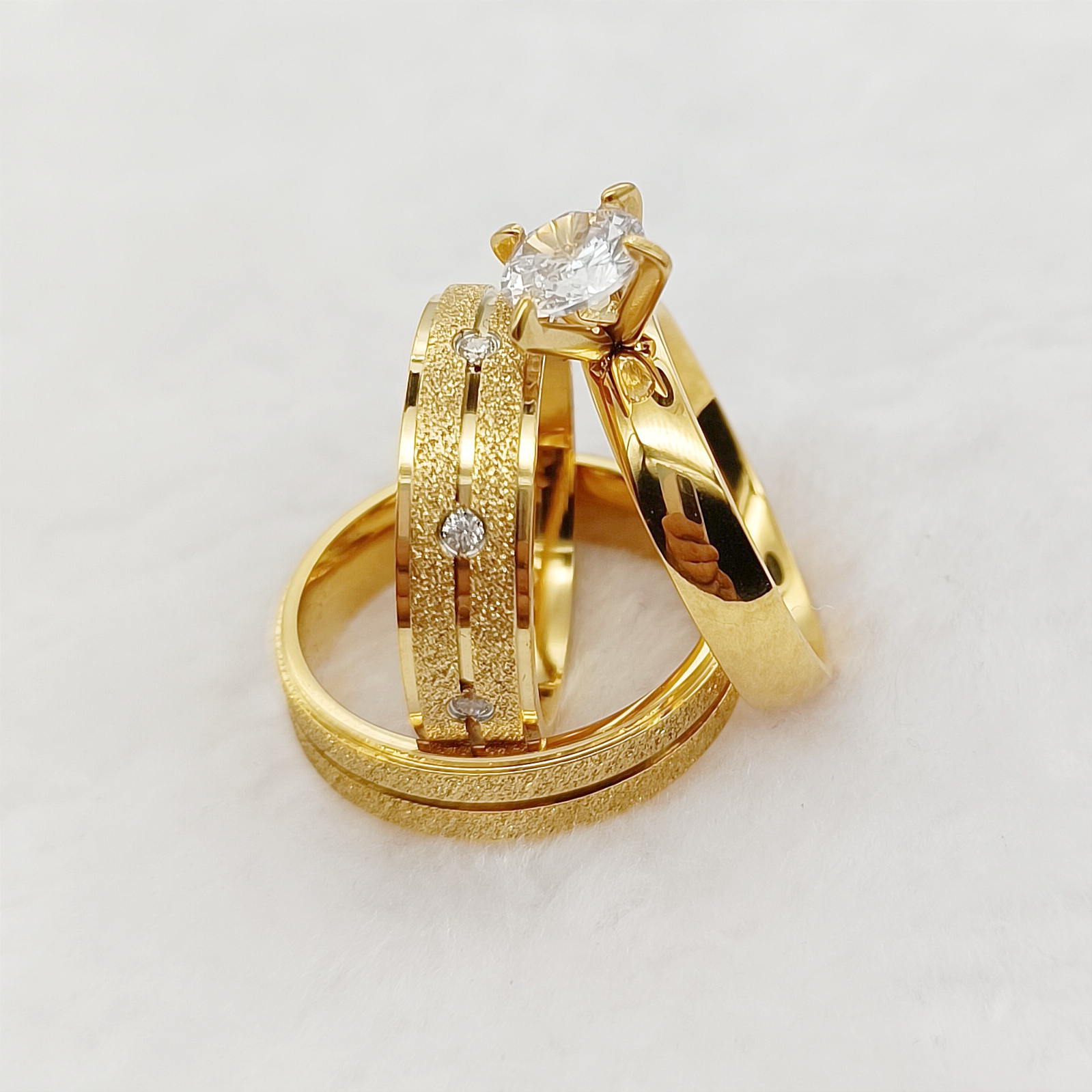 Conjunto de anillos de compromiso de boda para mujer, anillo de dedo chapado en oro de 24k, hecho a mano, 3 piezas