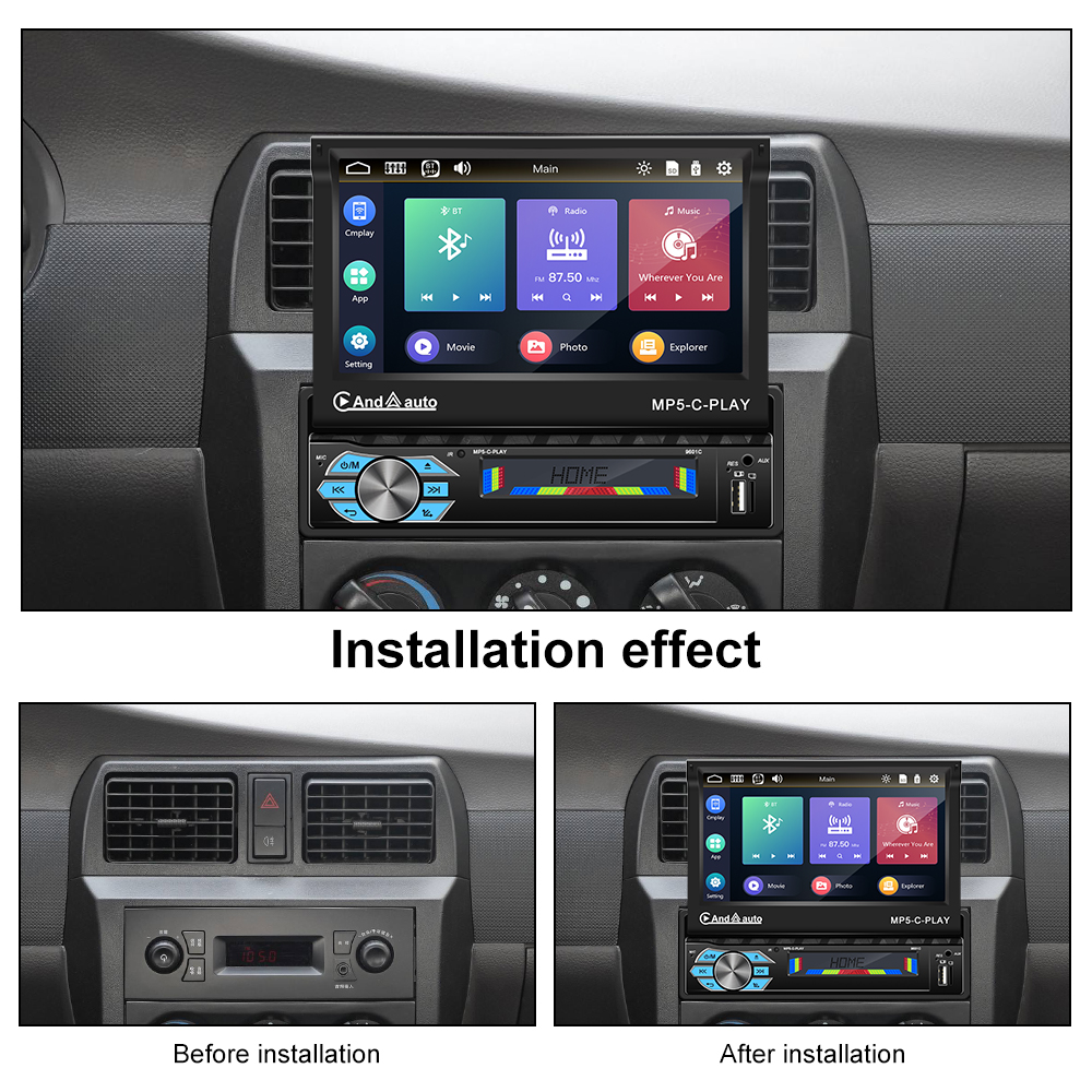 Podofo 1din Car Radio CarPlay Auto 7" IPS Retractable Screen 1 Din Android 10 Multimedia Player Universal Audio Video