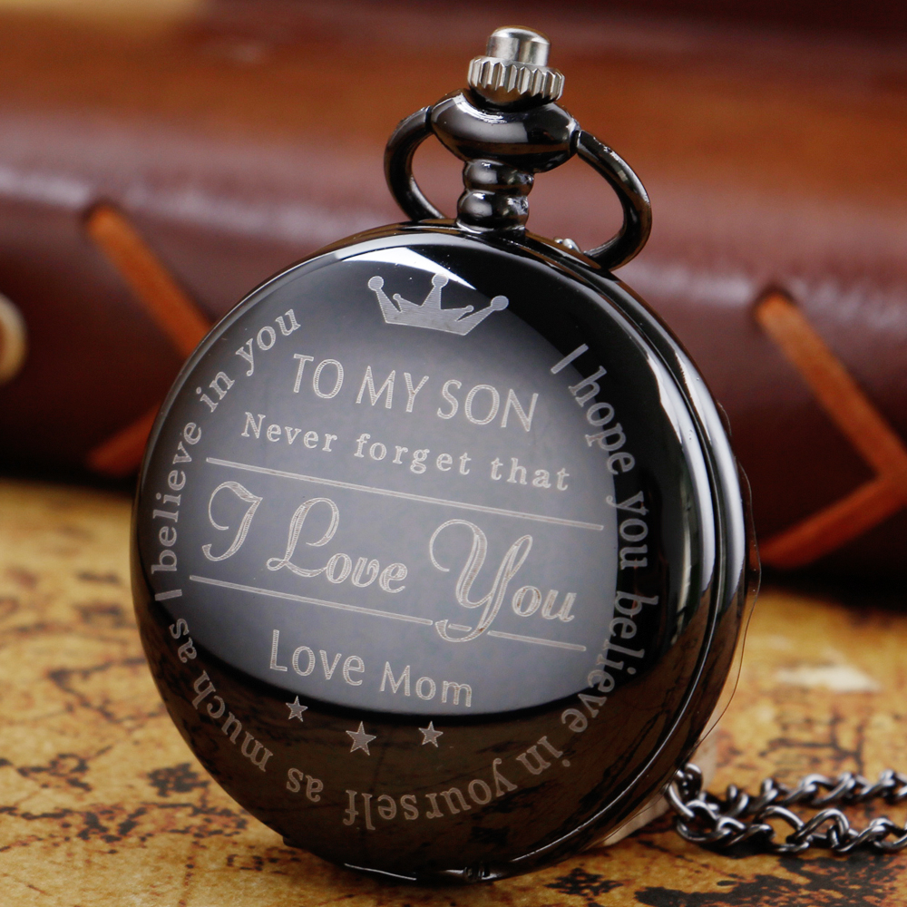 TO MY SON Literal Pocket Watch Crown Pattern I LOVE YOU Foever Flip Pocket Watches for Boy Bitthday Gift