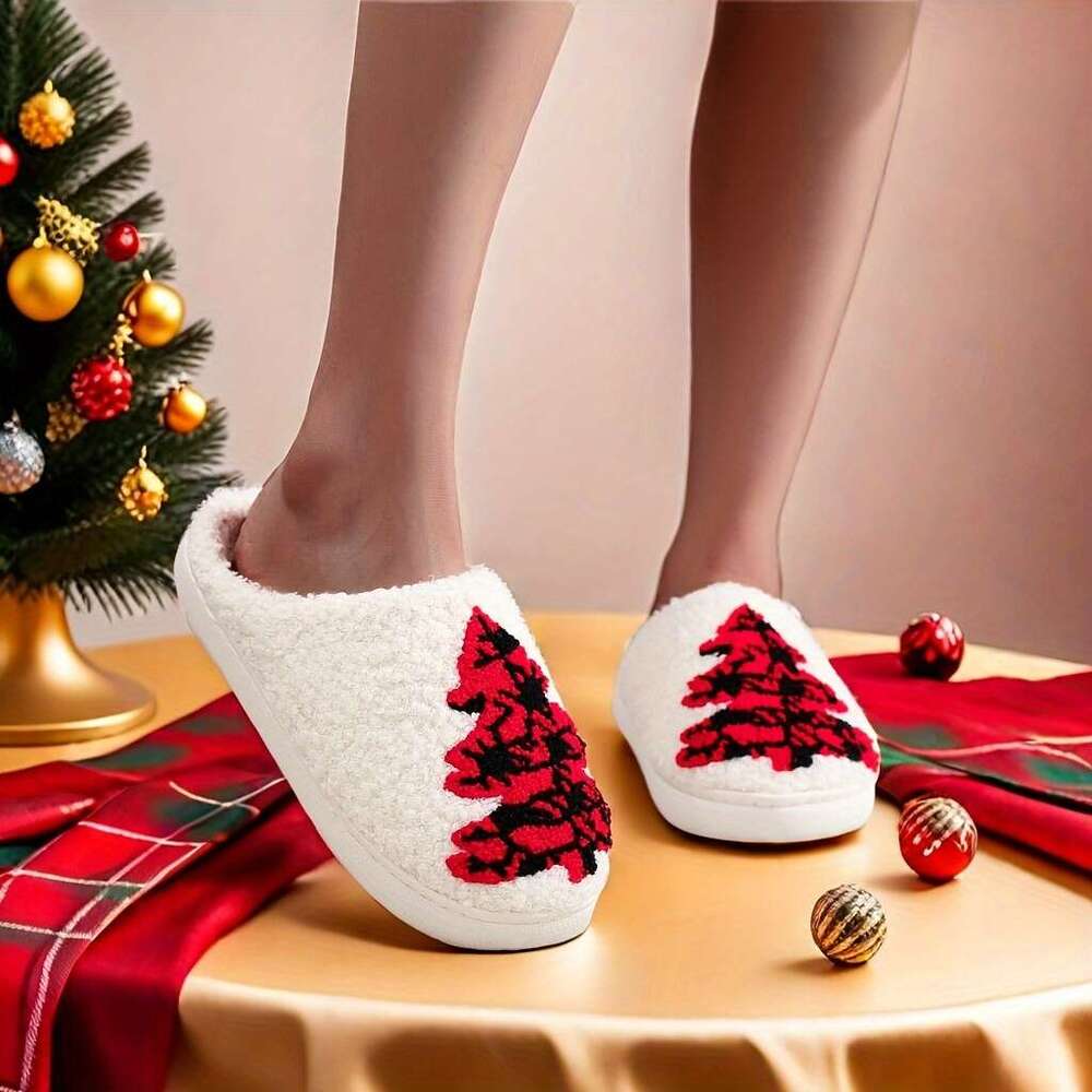 Christmas Glam Style Christmas Tree Women Men Cozy Plush Indoor Slippers with Insole, TPR Sole, and Fabric Upper - Hand Washable, All-Season Winter Co