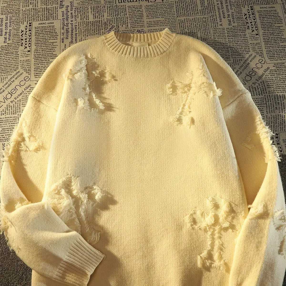High Quality Broken Cross sweater mens fashion design feels casual trend winter loose thick lazy style knitted jacket T241111