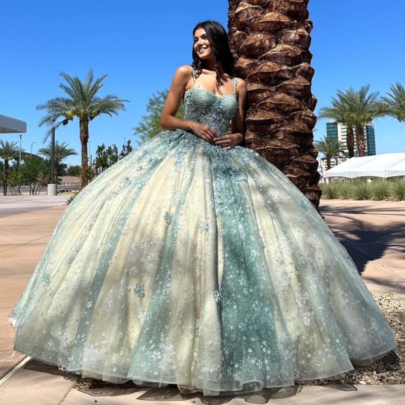 Mint Green Champagne Mexican Quinceanera Dressess With Cape Sequin Applique Beads Tull Corset Party Birthday Lace Up vestido 15 quinceaneras