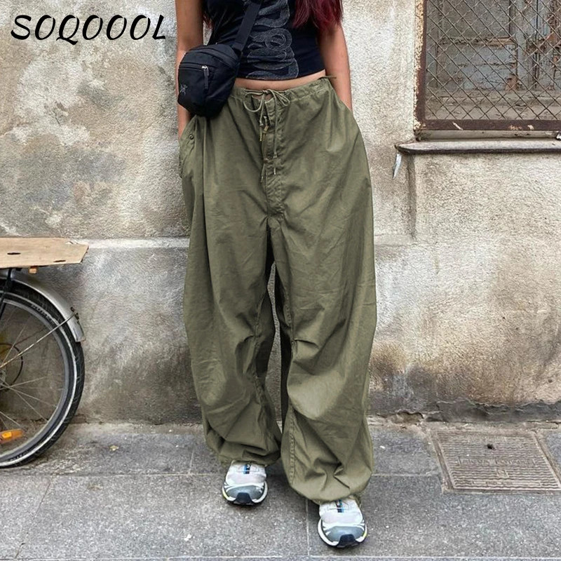 Hippie Y2K Cargo Pant Low Waist Sweatpant Drawstring Pockets Baggy Wide Leg Trousers Korean Vintage White Parachute Pants 241108