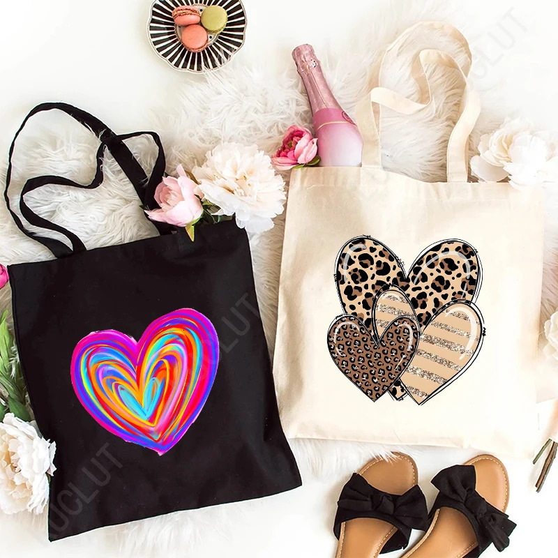 Leopard Heartbeat Graphic Canvas Tote Bag Women Reusable Shopper Vintage Love Fashion Shoulder Beach Handbags 241029