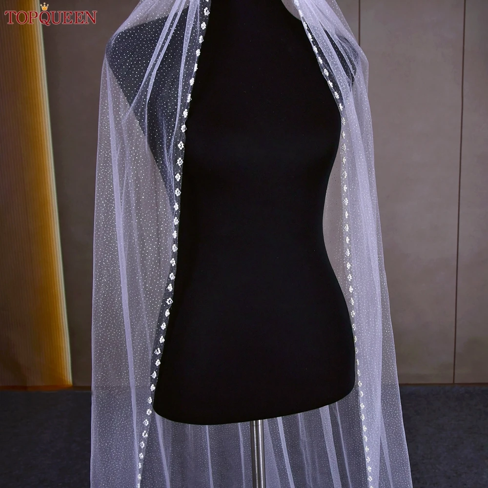 TOPQUEEN V179 Sparkling Wedding Veils for Bride Pearls Bridal Veil with Crystals Edge 1 Tier Chapel Veil with Comb Champagne