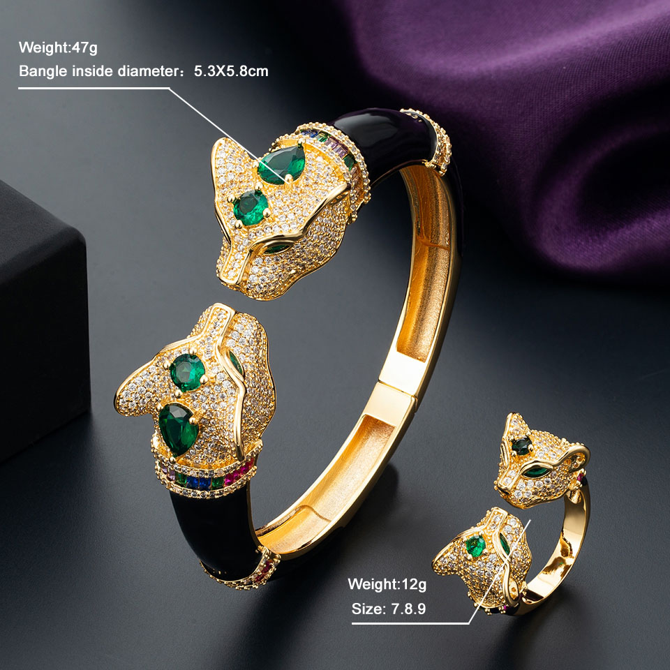 Zlxgirl High Quality Jet Leopard Animal Bangle Wtih Ring for Women Bridal Jewelry set fine AAA Cubic Zirconia Bangle Bracelet