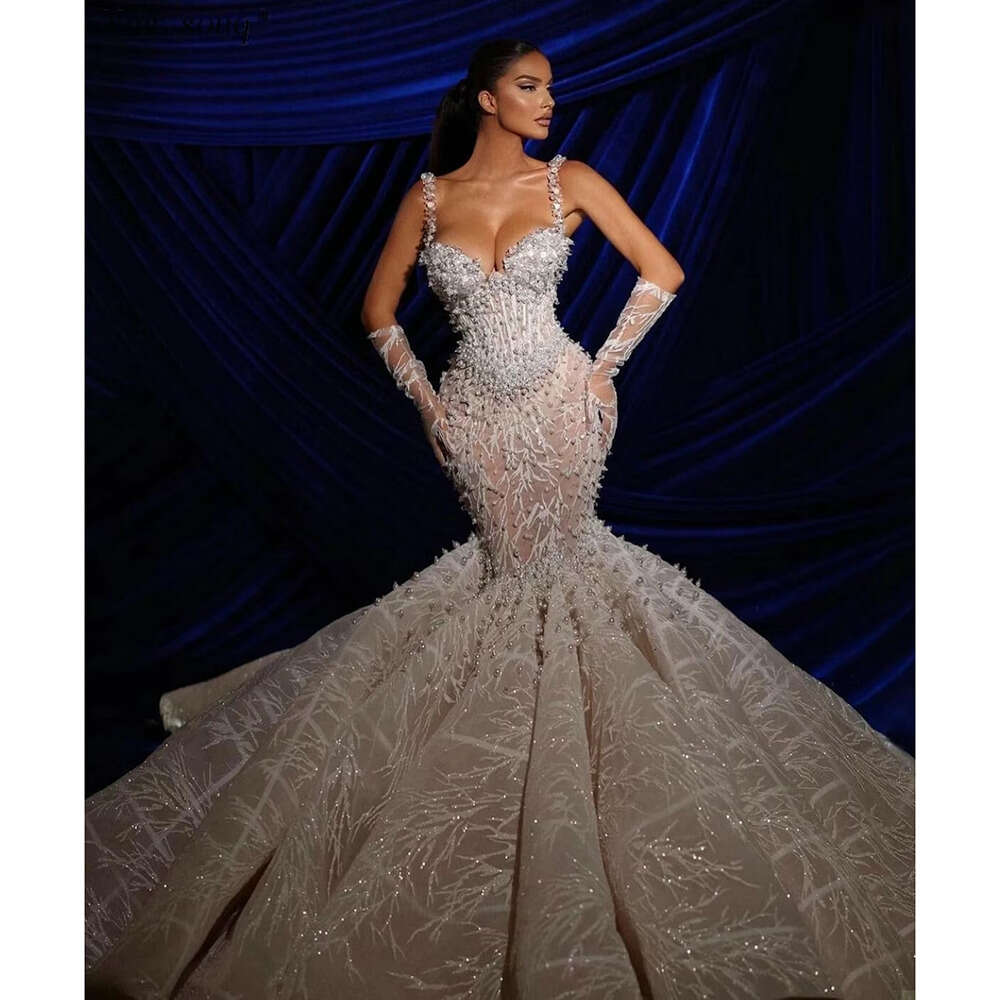 Sequined Pearls Bride White Fashion Sweetheart Spaghetti Straps Beading Lace Court Train Mermaid Wedding Dress