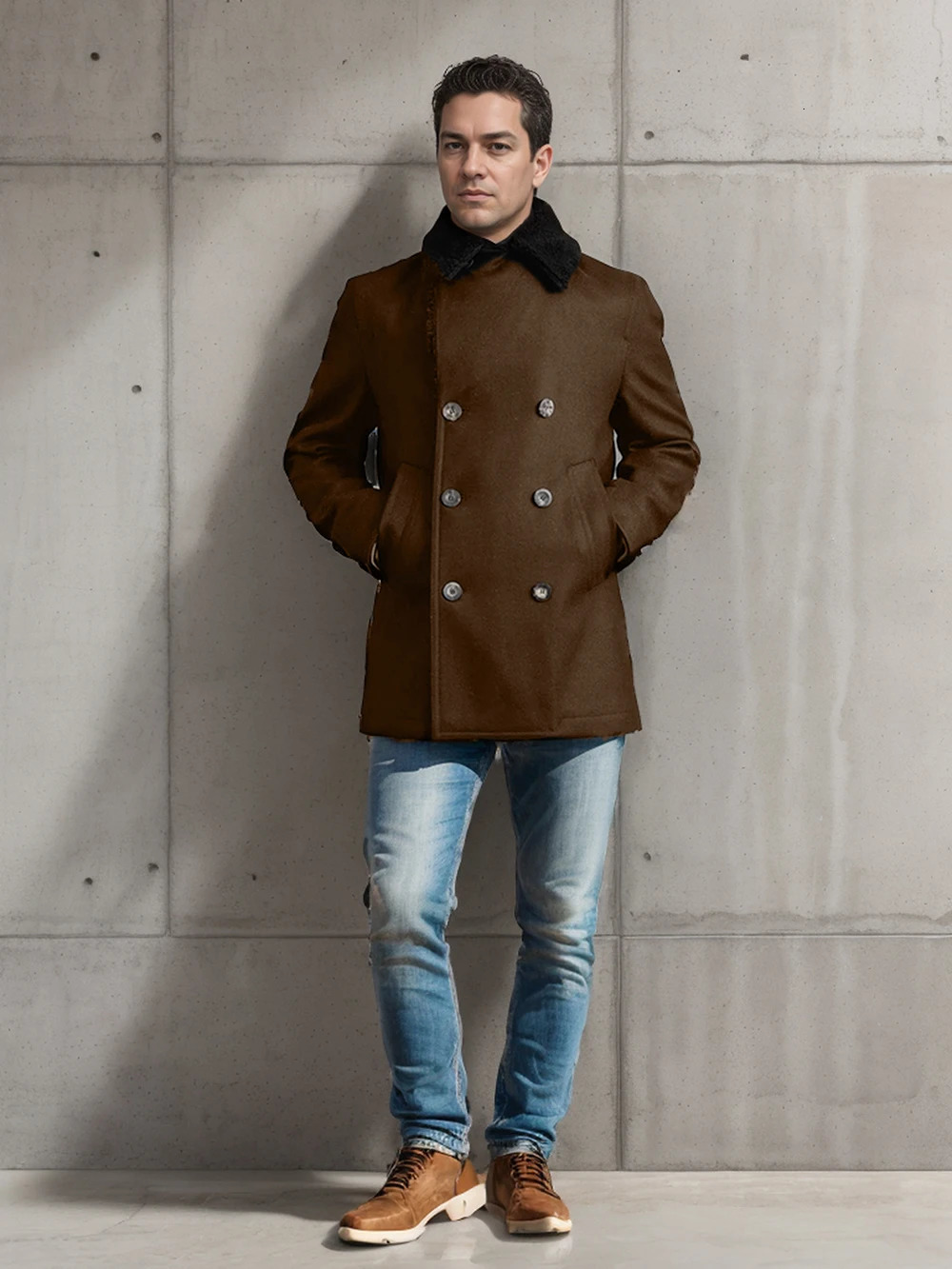 Autumn and winter mens woolen coats cashmere fur collar doublebreasted slim 241108