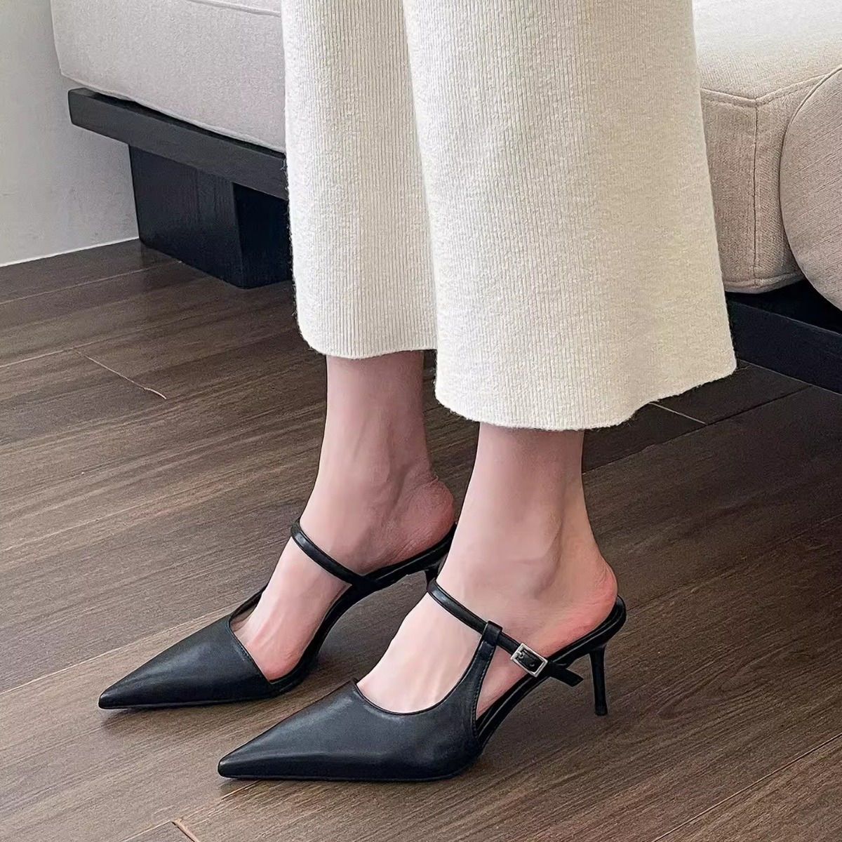 Simple Design Gentle Style Point Toe High Heel Sandals: Versatile Outside Wear (Black/Beige/Yellow/Orange) 6f82