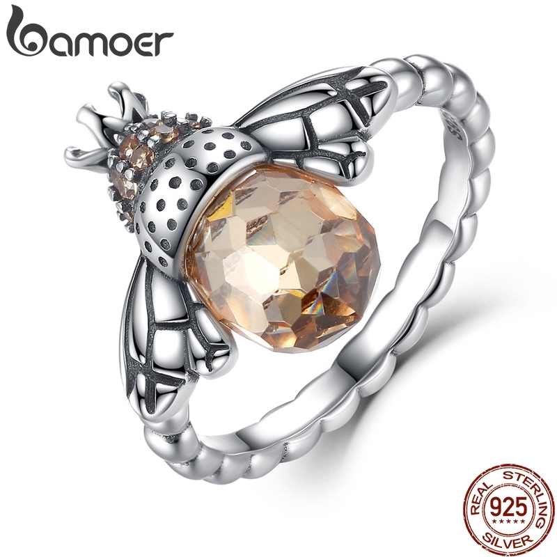 BAMOER 925 Sterling Silver Elegant Honey Bee Rings Cute Animal Lucky Silver Ring Bumblebee Lovers Jewelry Gifts for Women