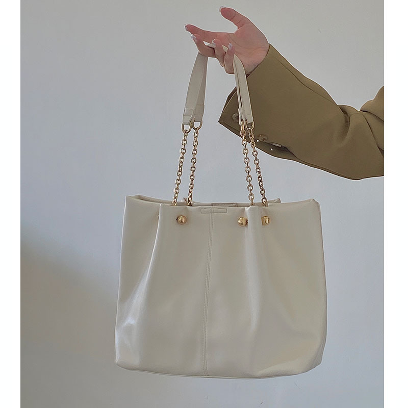 Large Capacity Women's One Shoulder Bags Chain PU Leather Vintage Casual Ladies European Style Black/White Solid Spring Handbags