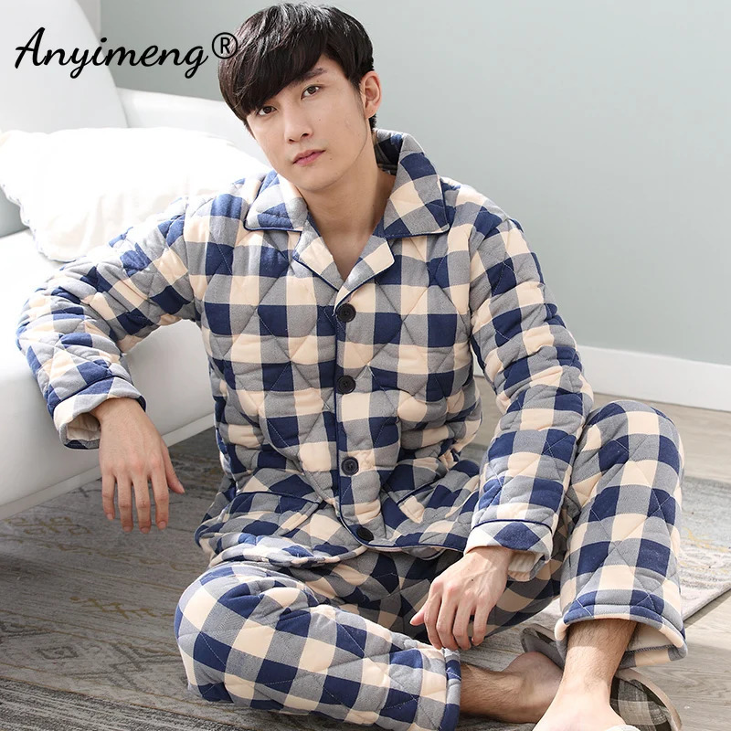 Winter Men Pajama Sets Thick Warm Three Layer Cotton Wine Red Plus Size L3XL Nightwear Man Pijamas 241111