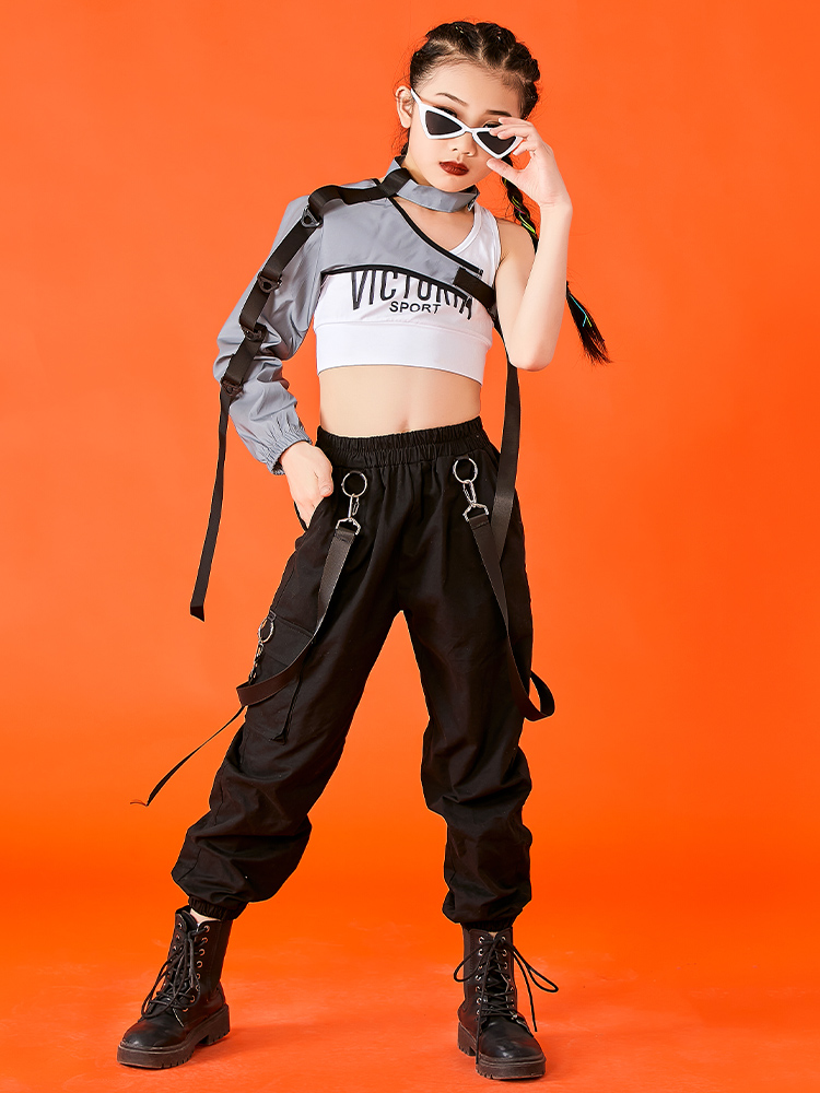 Hip Hop Dance Costumes For Kids Single Sleeve Tops Cargo Pants Kpop Outfits Girls Jazz Performance Stage Show Clothes DQS6676