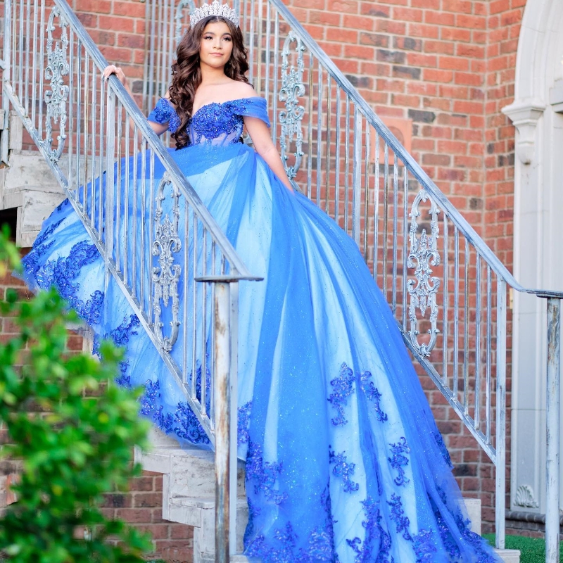 Blue Shiny Quinceanera Dresses Lace Appliques Beading Tull Off the Shoulder Princess Ball Gown For Sweet 16 Vestidos 15 De Novia