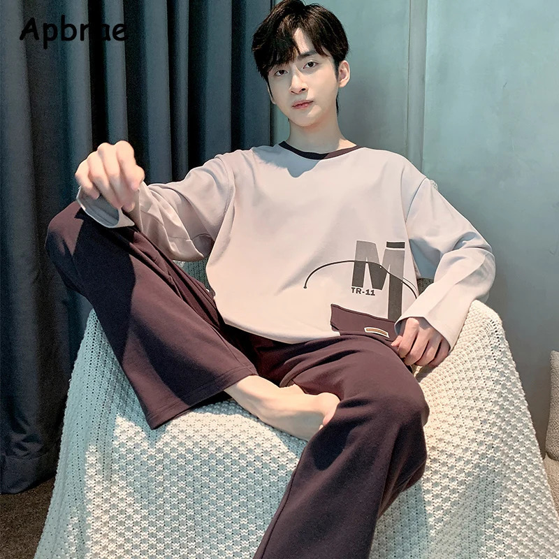 100% Pure Cotton Pajamas for Men Autumn Winter Fashion Oneck Pajama Long Sleeved Full Pants Sleepwear Plus Size L3XL Homewear 241111