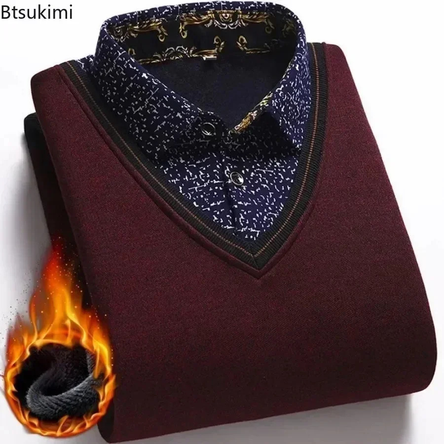Mens Warm Velvet Padded Shirt Collar Sweater Loose Knit Slim Men Winter Twopiece Male Tops 241111