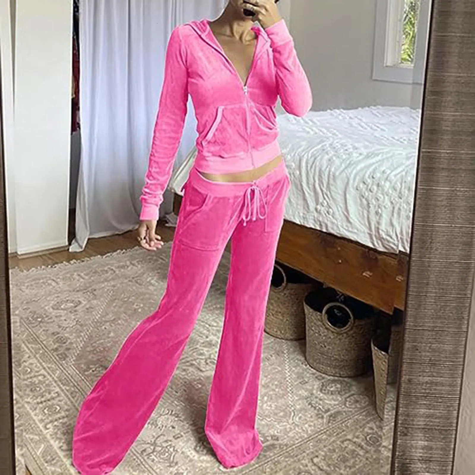 Women Tracksuit 2 Piece Flared Pants Slim Fit Velour Velvet Sweatsuit Casual Zip Up Hoodie Jacket Sweatpants Vintage Trousers 241111
