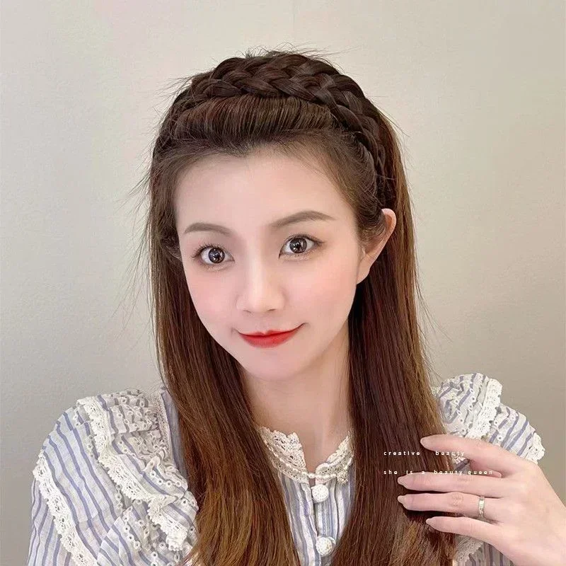 Women Fishbone Braid Hair Hoops Korean 4.5cm Width Headbands Artificial Handmade Wig Head Hoop Headwear Accessories