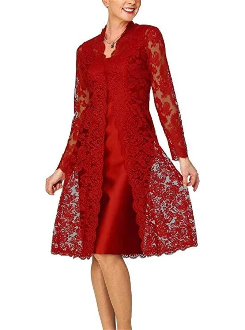 Dark Red Sheath Mother Of The Bride Dresses With Lace Jacket Long Sleeves Knee Length Mother Formal Wear Elegant Wedding Guest Dress For Women 2024