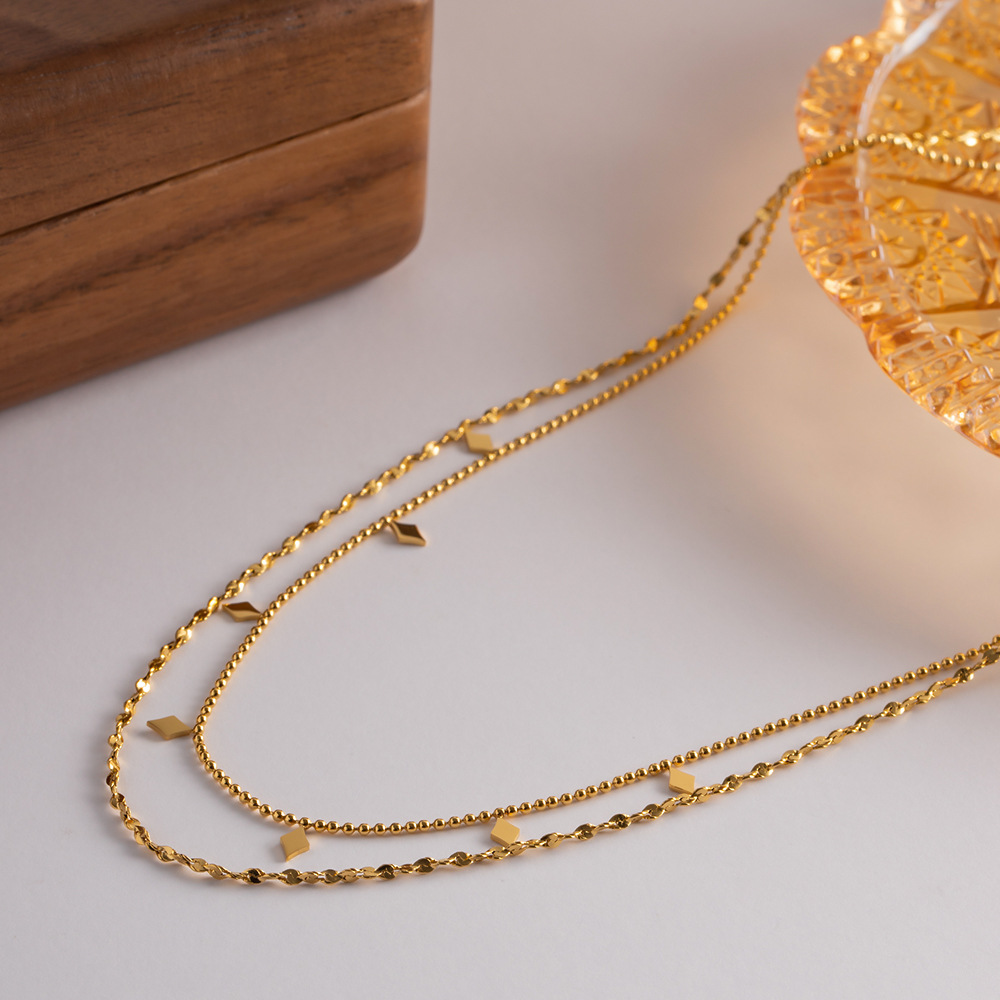 Gold Double Layered Necklace for Women Plated 18k Gold Stainless Steel French Fringe Banquet Design Feel Necklace Free Shipping Wholesale